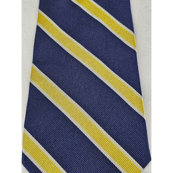 BROOKS BROTHERS MEN'S 4" NECK TIE NAVY BLUE YELLOW STRIPE WITH WHITE BORDER - Picture 6 of 8